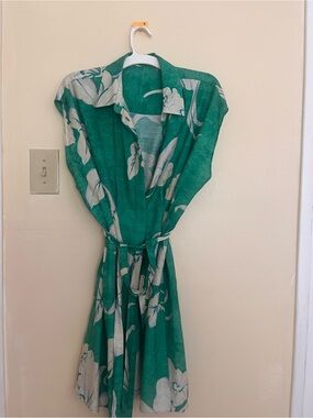 Mango Teal Floral Tie-Waist Midi Dress